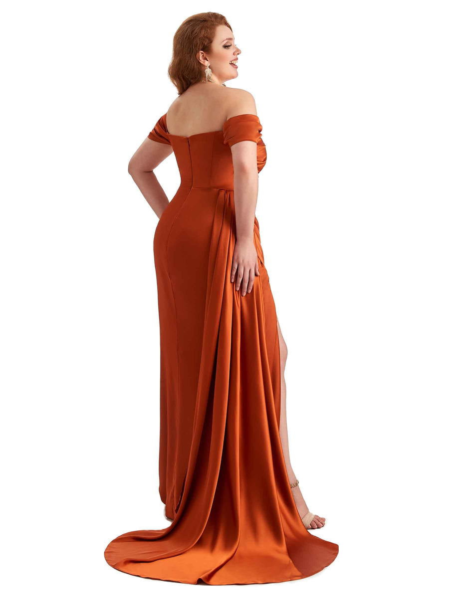Plus Size Sexy Side Slit Off The Shoulder Mermaid Soft Satin Long Bridesmaid Dress For Wedding