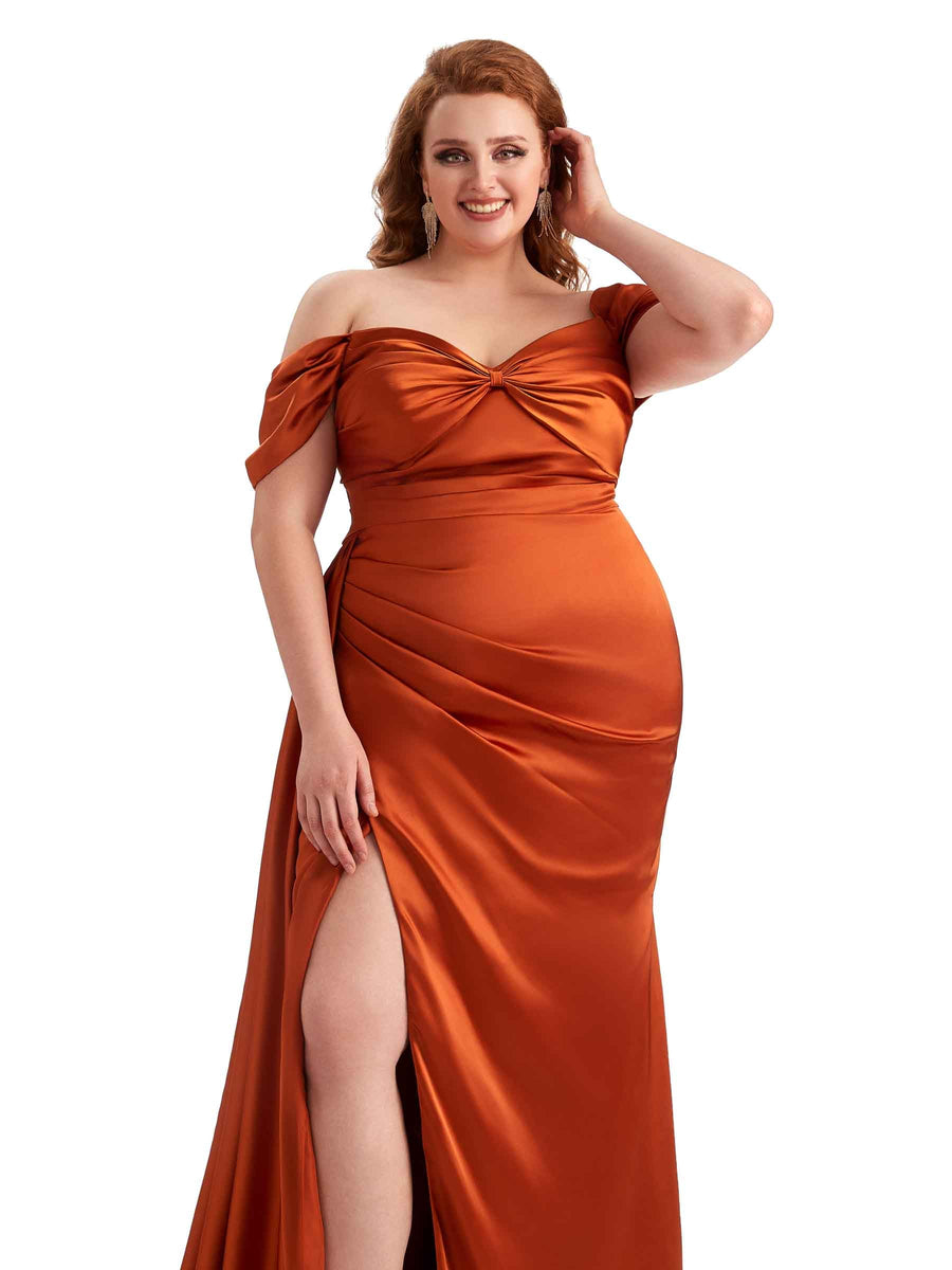 Plus Size Sexy Side Slit Off The Shoulder Mermaid Soft Satin Long Bridesmaid Dress For Wedding