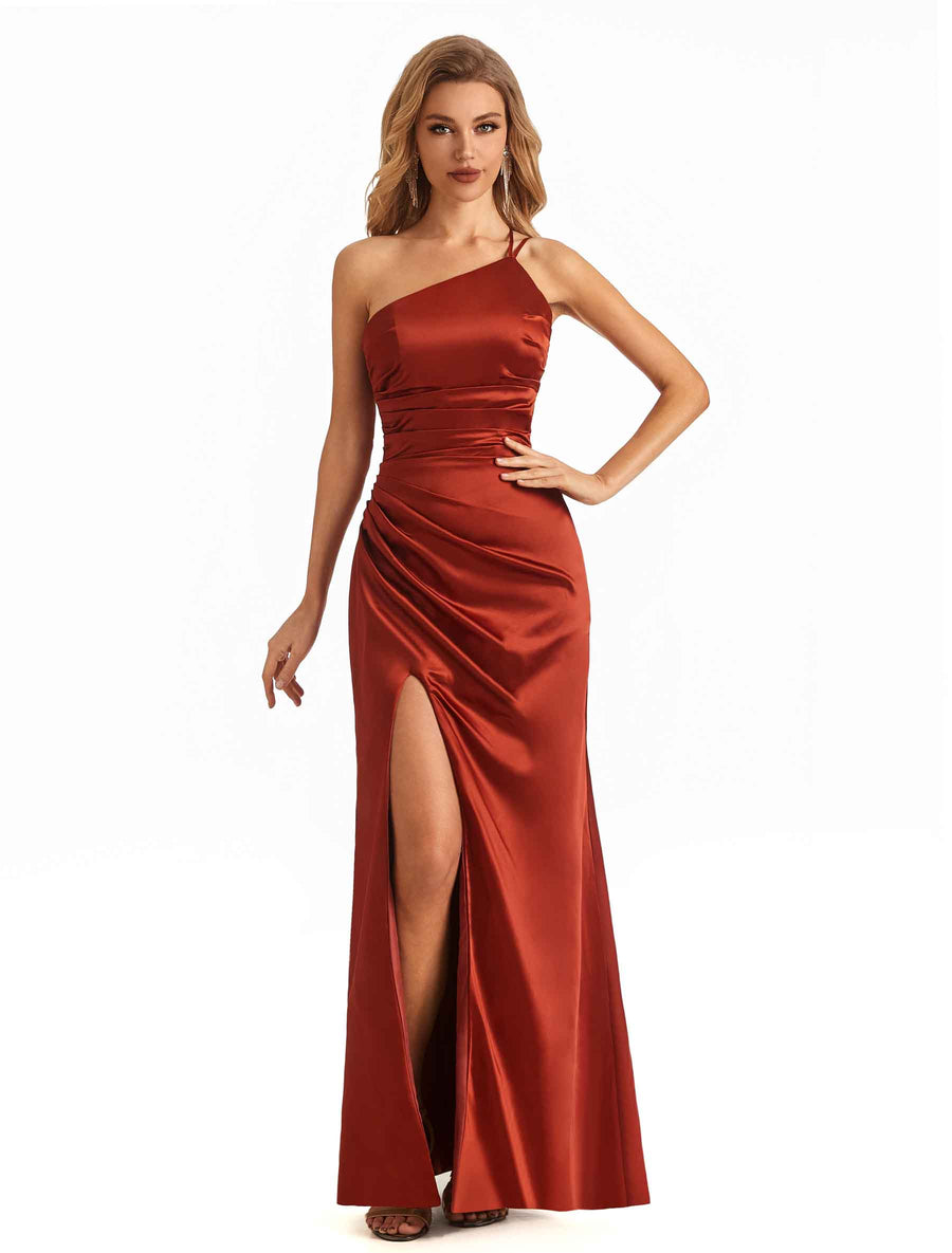Soft Satin One Shoulder Side Slit Mermaid Maxi Long Bridesmaid Dresses In Stock
