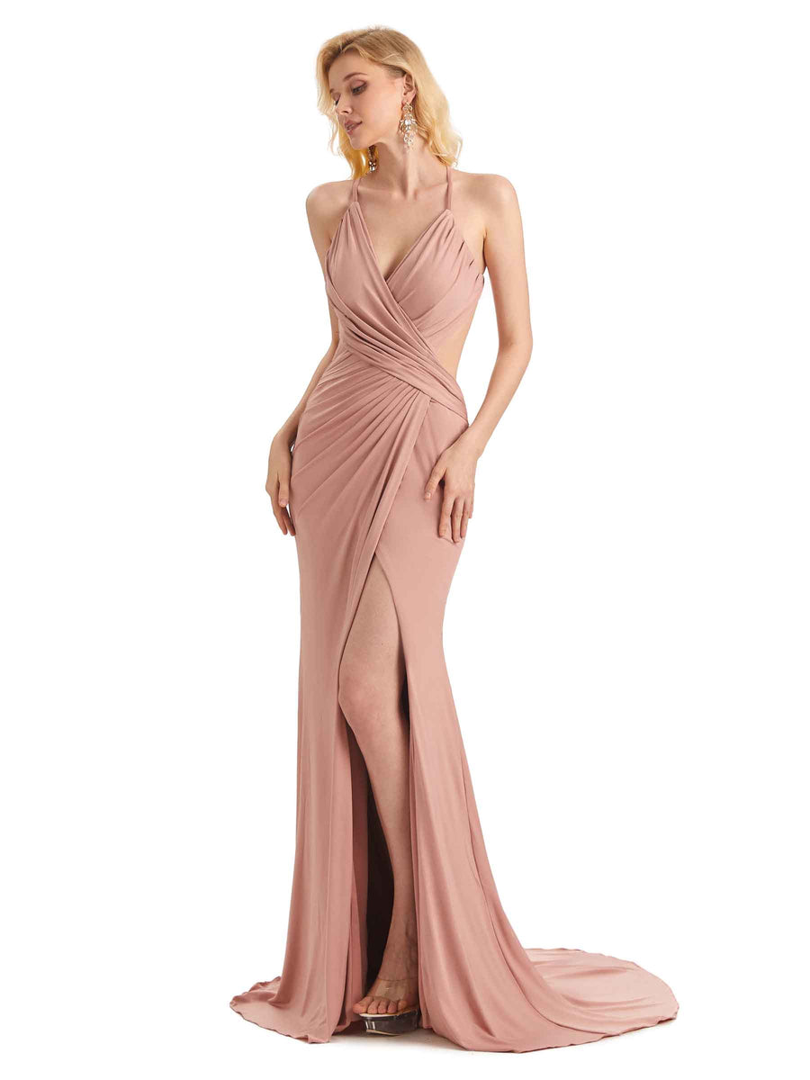 Sexy Mermaid Spaghetti Straps Side Slit Stretchy Jersey Long Formal Bridesmaid Dresses
