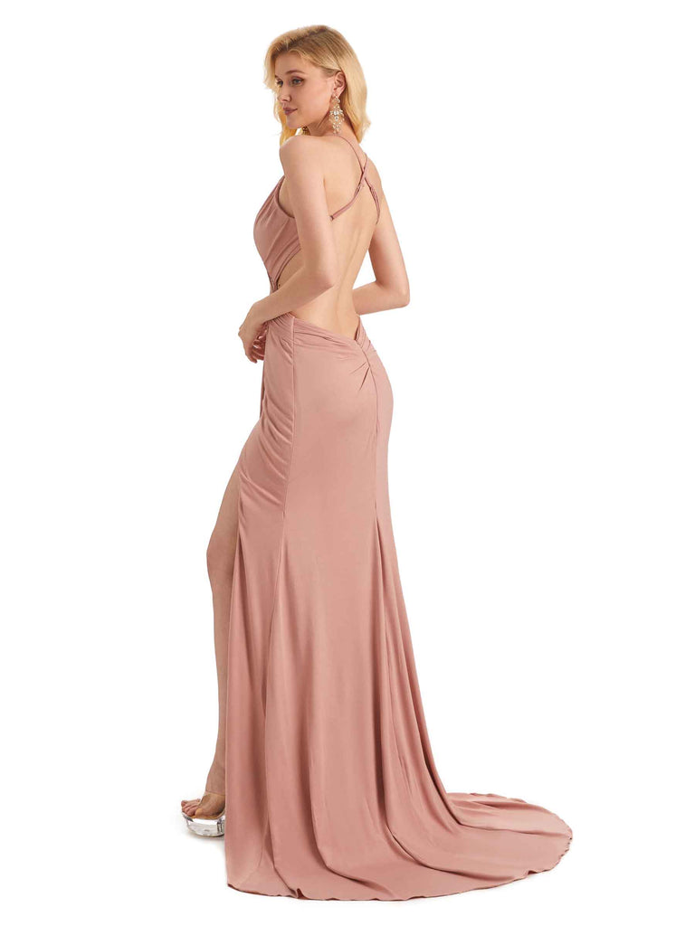 Sexy Mermaid Spaghetti Straps Side Slit Stretchy Jersey Long Formal Bridesmaid Dresses 2023