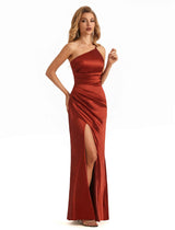 Soft Satin One Shoulder Side Slit Mermaid Maxi Long Formal Evening Dresses