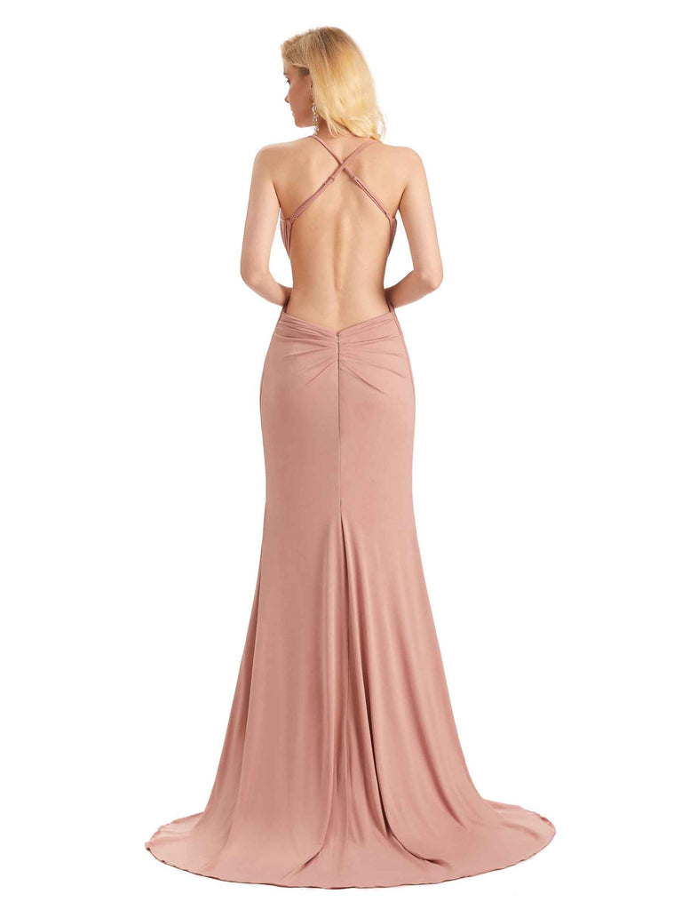 Sexy Mermaid Spaghetti Straps Side Slit Stretchy Jersey Long Formal Bridesmaid Dresses