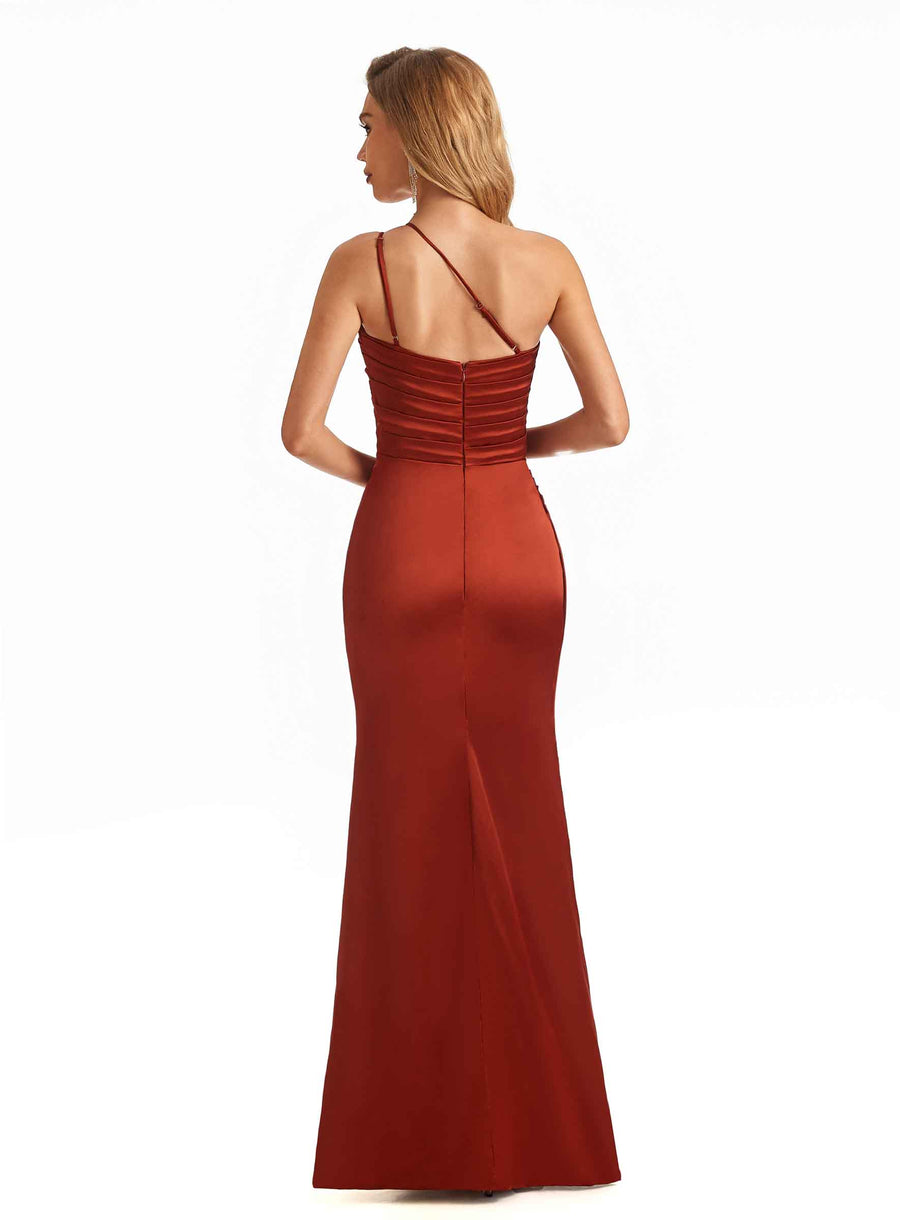 Soft Satin One Shoulder Side Slit Mermaid Maxi Long Bridesmaid Dresses In Stock
