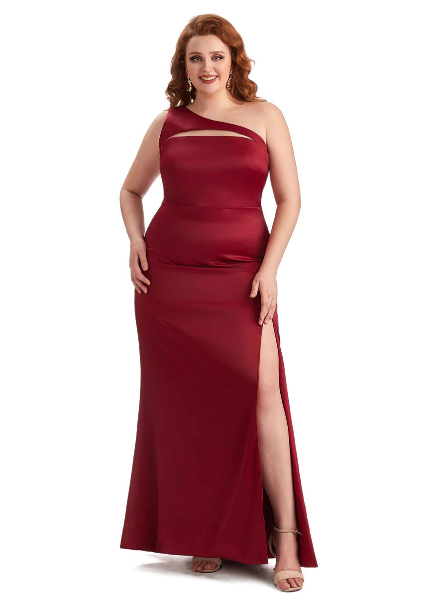 Plus Size Sexy Mermaid One Shoulder Side Slit Soft Satin Long Bridesmaid Dress For Wedding