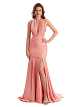 Sexy Mermaid Side Slit Halter V-neck Soft Satin Maxi Long Bridesmaid Dresses Online