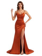 Sexy Mermaid Side Slit Spaghetti Straps V-neck Silky Satin Wedding Party Guest Dresses