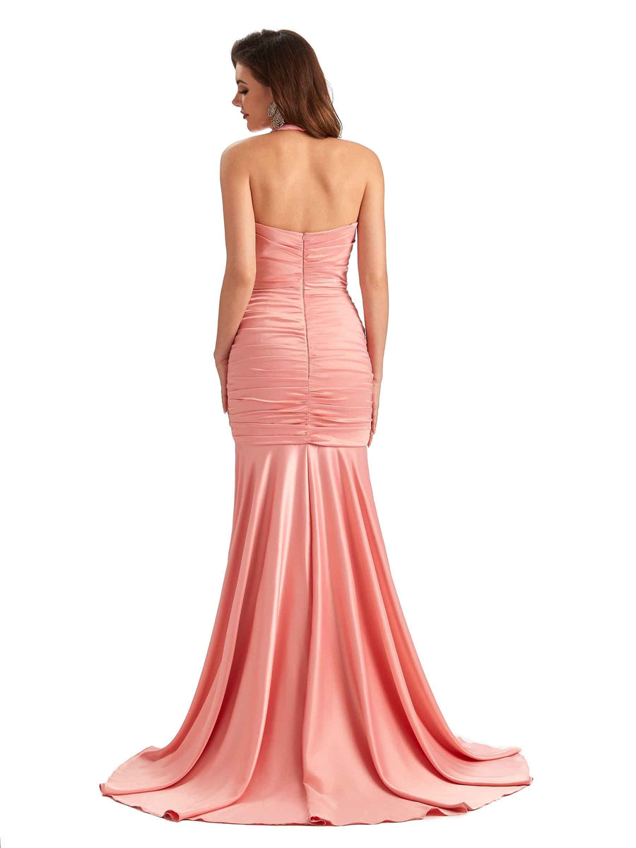 Sexy Mermaid Side Slit Halter V-neck Soft Satin Maxi Long Bridesmaid Dresses Online