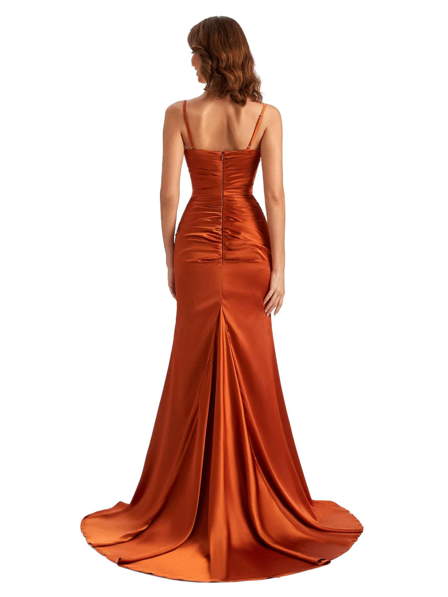 Sexy Mermaid Side Slit Spaghetti Straps V-neck Silky Satin Wedding Party Guest Dresses