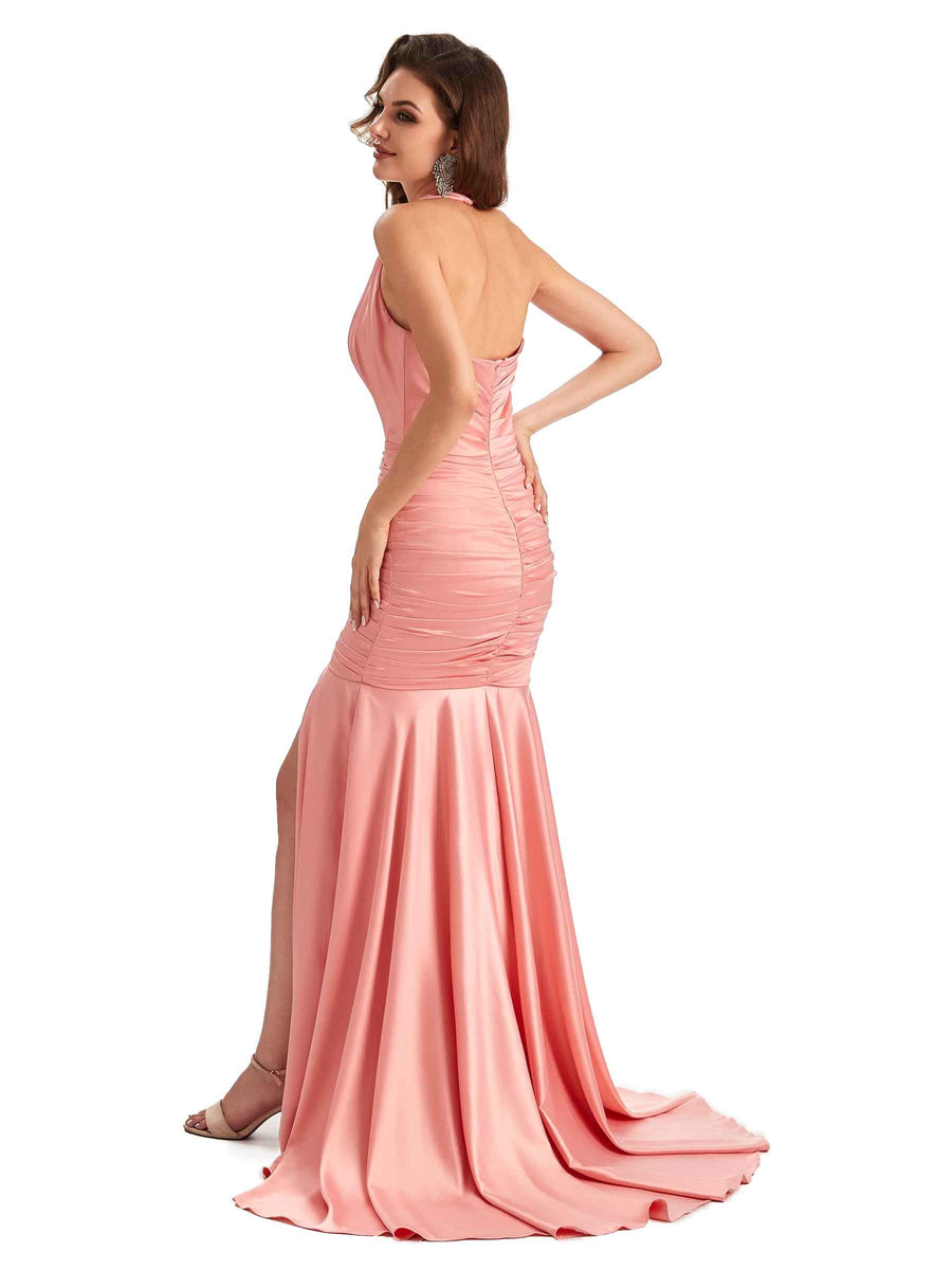 Sexy Mermaid Side Slit Halter V-neck Soft Satin Maxi Long Bridesmaid Dresses Online