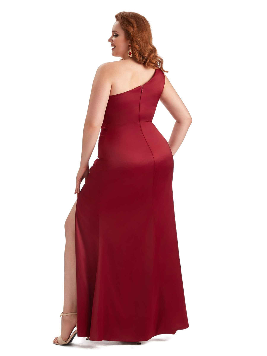 Plus Size Sexy Mermaid One Shoulder Side Slit Soft Satin Long Bridesmaid Dress For Wedding