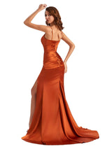 Sexy Mermaid Side Slit Spaghetti Straps V-neck Silky Satin Wedding Party Guest Dresses