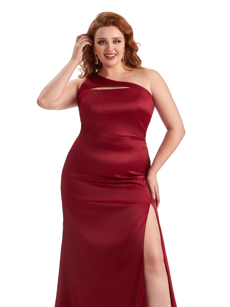 Plus Size Sexy Mermaid One Shoulder Side Slit Soft Satin Long Bridesmaid Dress For Wedding