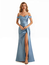 Trendy Off The Shoulder Beaded Soft Satin Mermaid Long Evening Dresses Side Slit