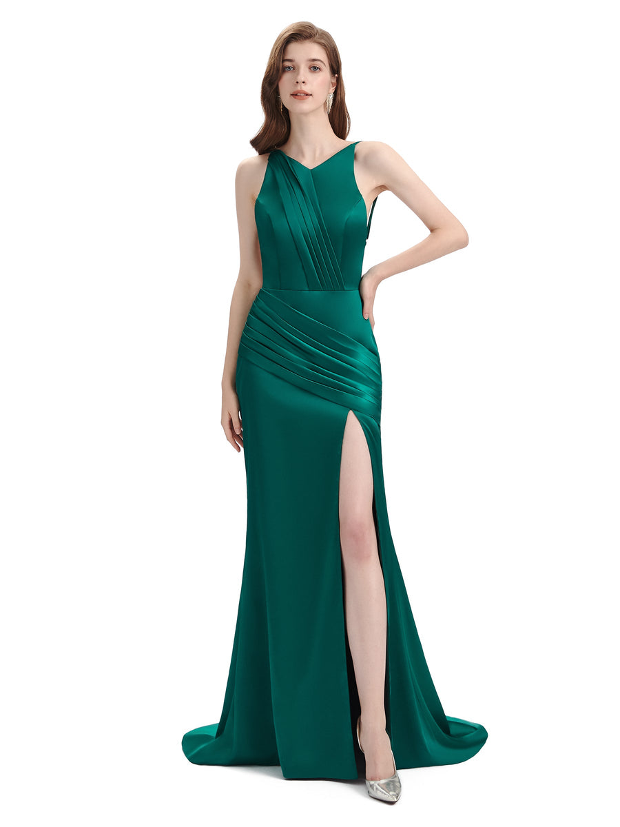 Sexy Backess Mermaid Side Slit Soft Satin Maxi Long Mermaid prom Dresses