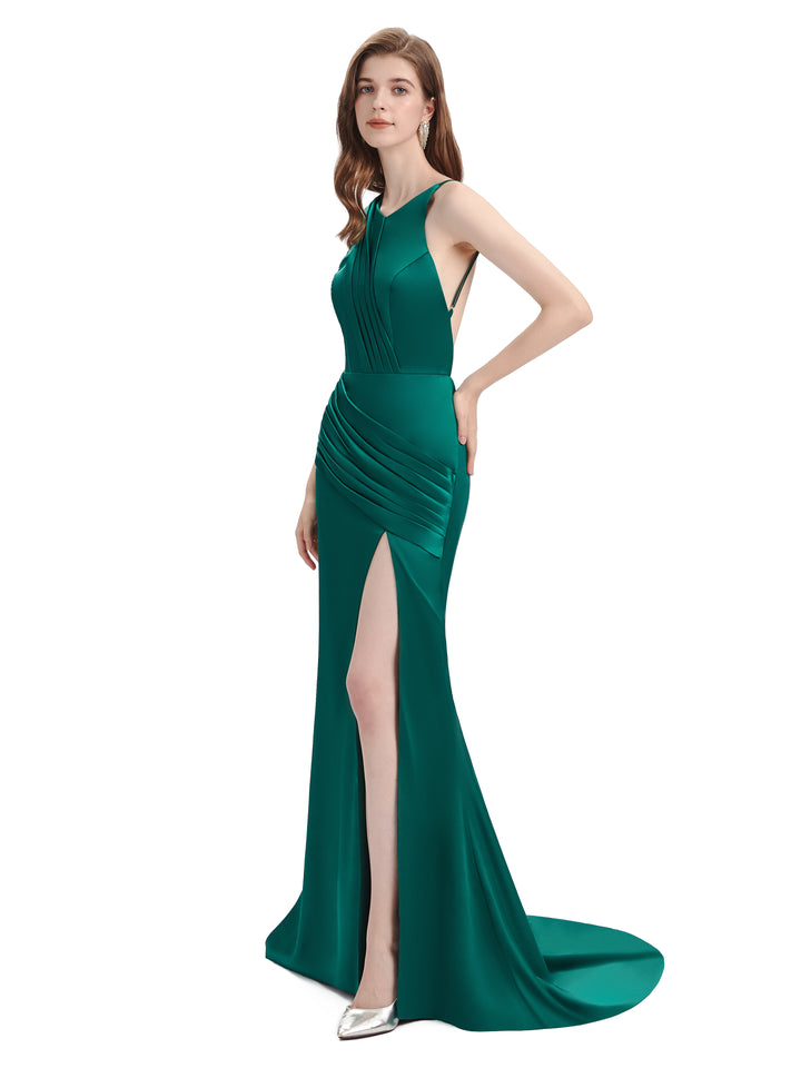 Sexy Backless Mermaid Side Slit Soft Satin Floor-Length Mermaid Bridesmaid Dresses