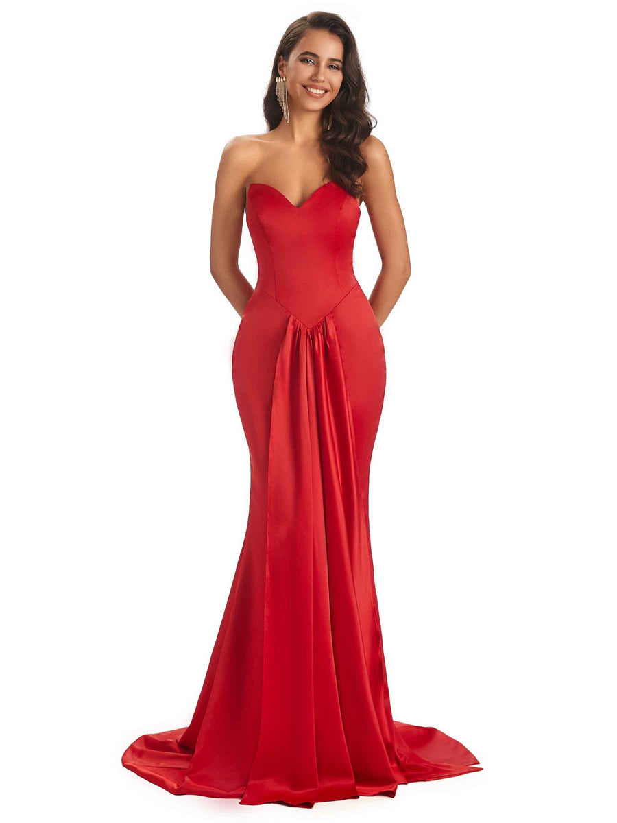 Strapless Sweetheart Satin Long Maxi Mermaid Prom Dresses Online