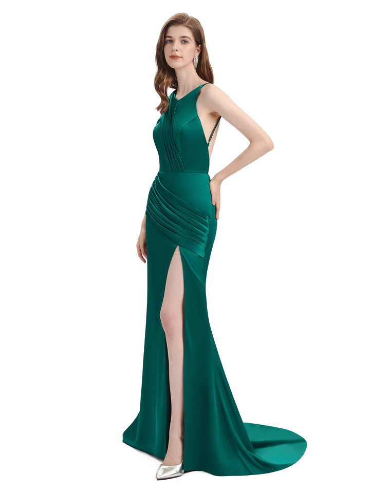 Sexy Backess Mermaid Side Slit Soft Satin Maxi Long Mermaid prom Dresses