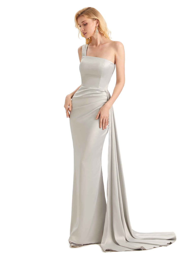 Elegant One Shoulder Soft Satin Mermaid Unique Long Bridesmaid Dresses Online