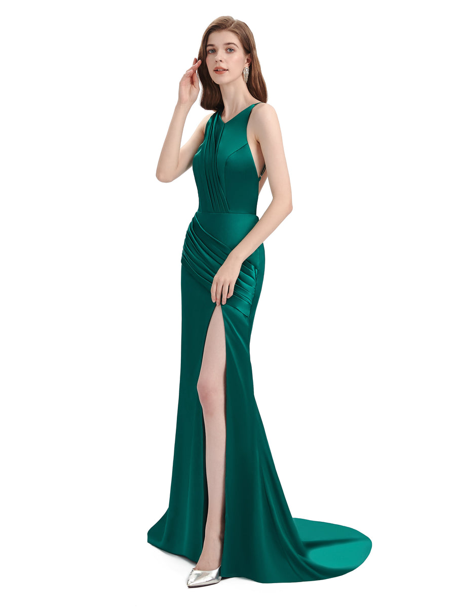 Sexy Backless Mermaid Side Slit Soft Satin Long Mermaid Formal Evening Dresses