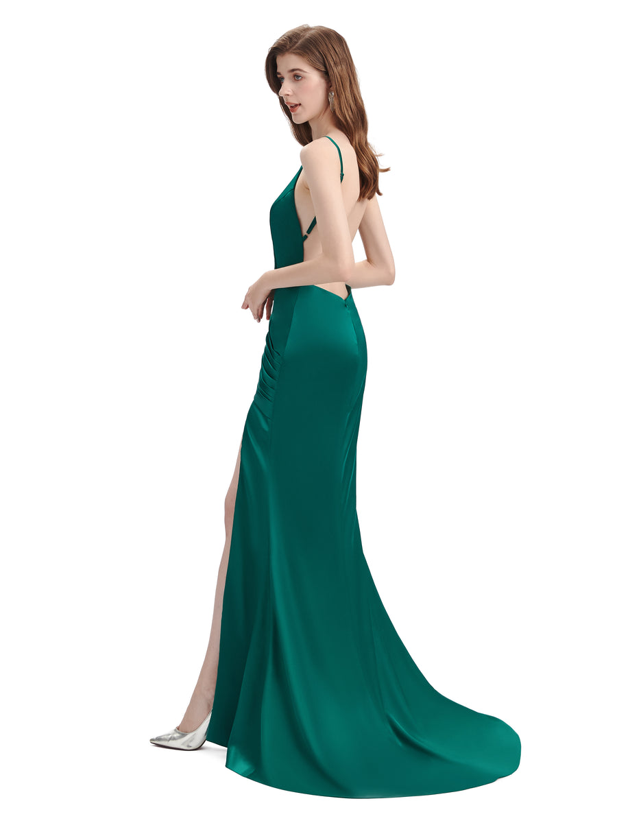 Sexy Backless Mermaid Side Slit Soft Satin Floor-Length Mermaid Bridesmaid Dresses