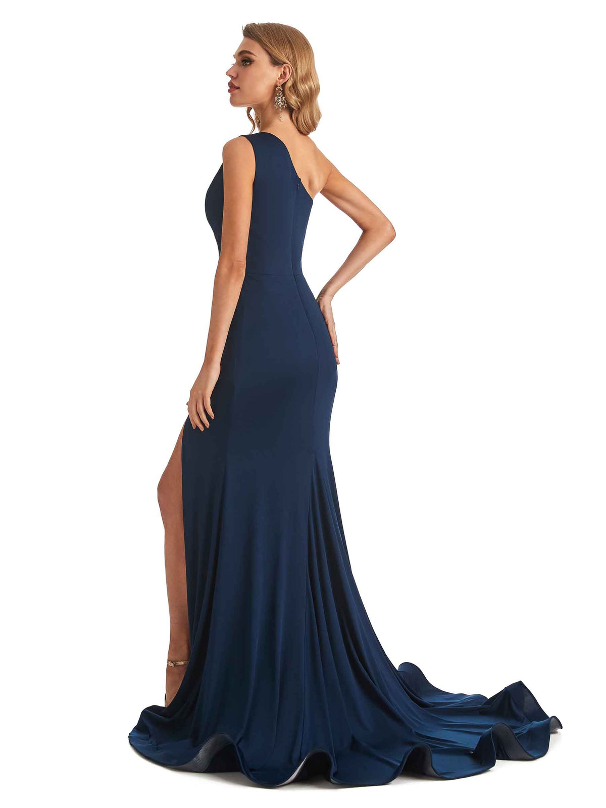 Sexy Mermaid One shoulder Side Slit Stretchy Jersey Long Formal Bridesmaid Dresses