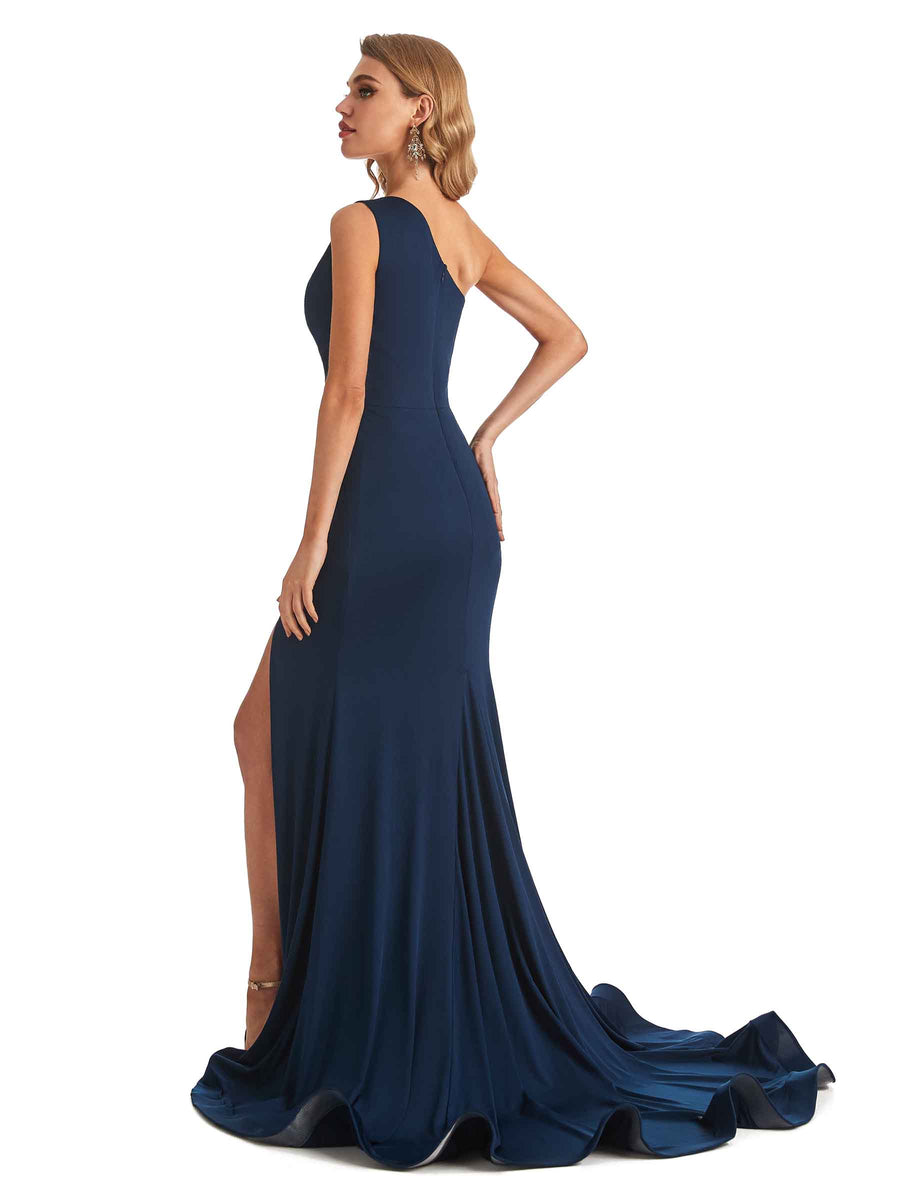 Sexy Mermaid One shoulder Side Slit Stretchy Jersey Long Formal Bridesmaid Dresses