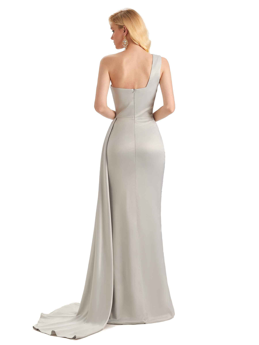 Elegant One Shoulder Soft Satin Mermaid Unique Long Bridesmaid Dresses Online