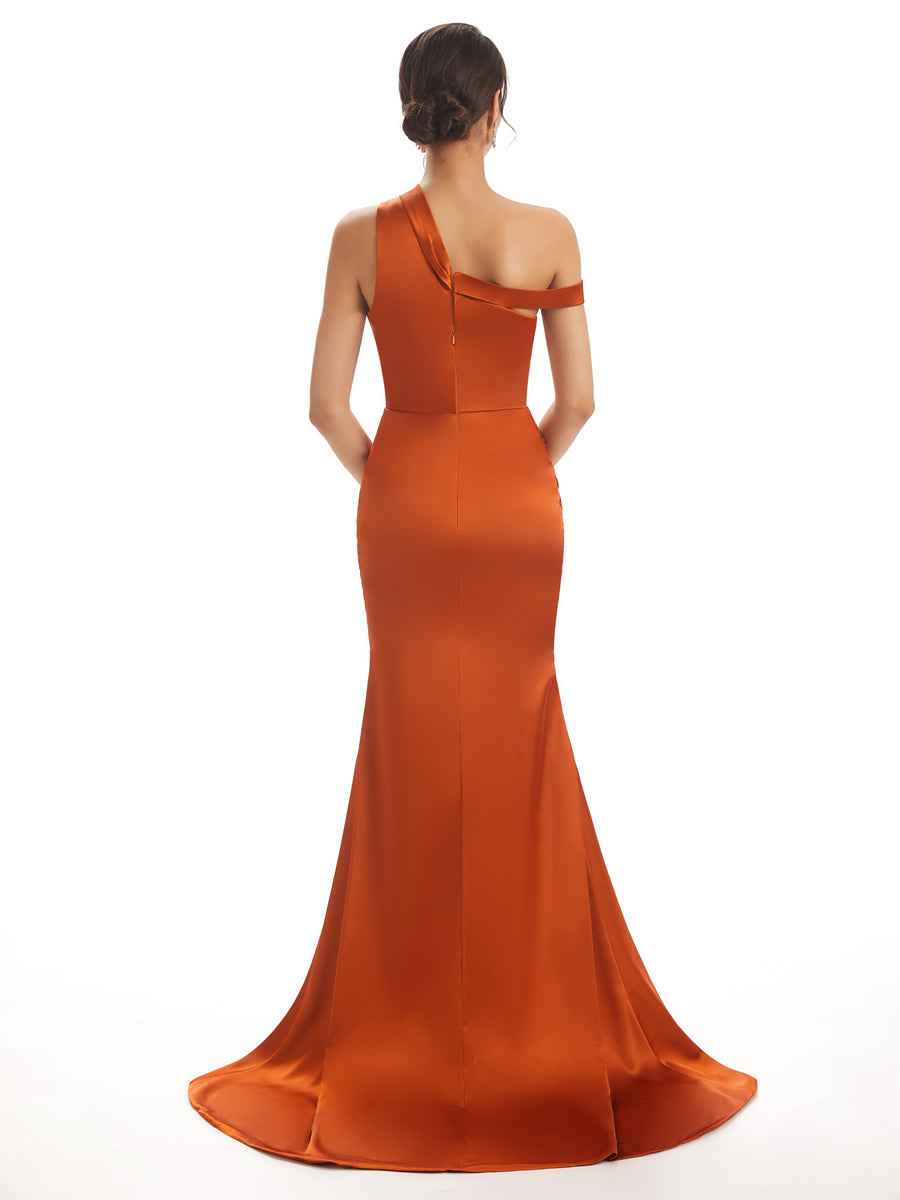 Sexy Soft Satin Side Slit One Shoulder Long Mermaid Bridesmaid Dresses