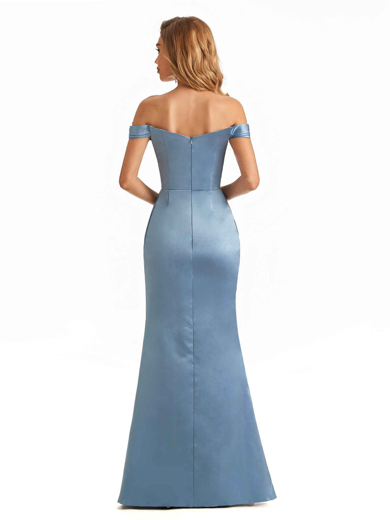Sexy Side Slit Off The Shoulder Beaded Soft Satin Mermaid Long Bridesmaid Dresses