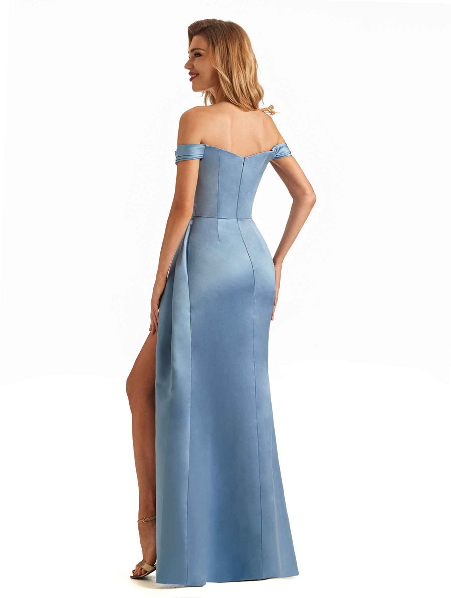 Sexy Side Slit Off The Shoulder Beaded Soft Satin Mermaid Long Bridesmaid Dresses