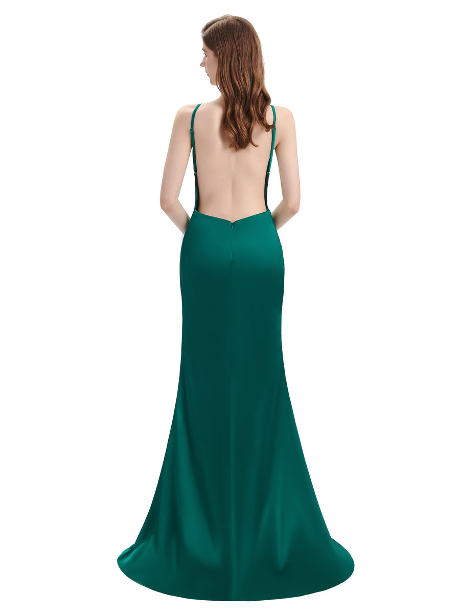 Sexy Backless Mermaid Side Slit Soft Satin Long Mermaid Formal Evening Dresses
