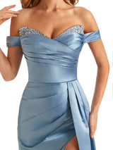 Trendy Off The Shoulder Beaded Soft Satin Mermaid Long Evening Dresses Side Slit