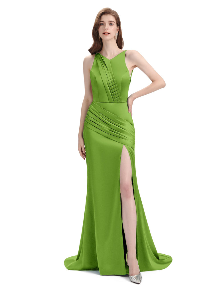 One Shoulder Hollow Out Sleeveless Fashion Women Party Dress Green Long  Mermaid Satin Stretch Backless Evening Gown Floor Length