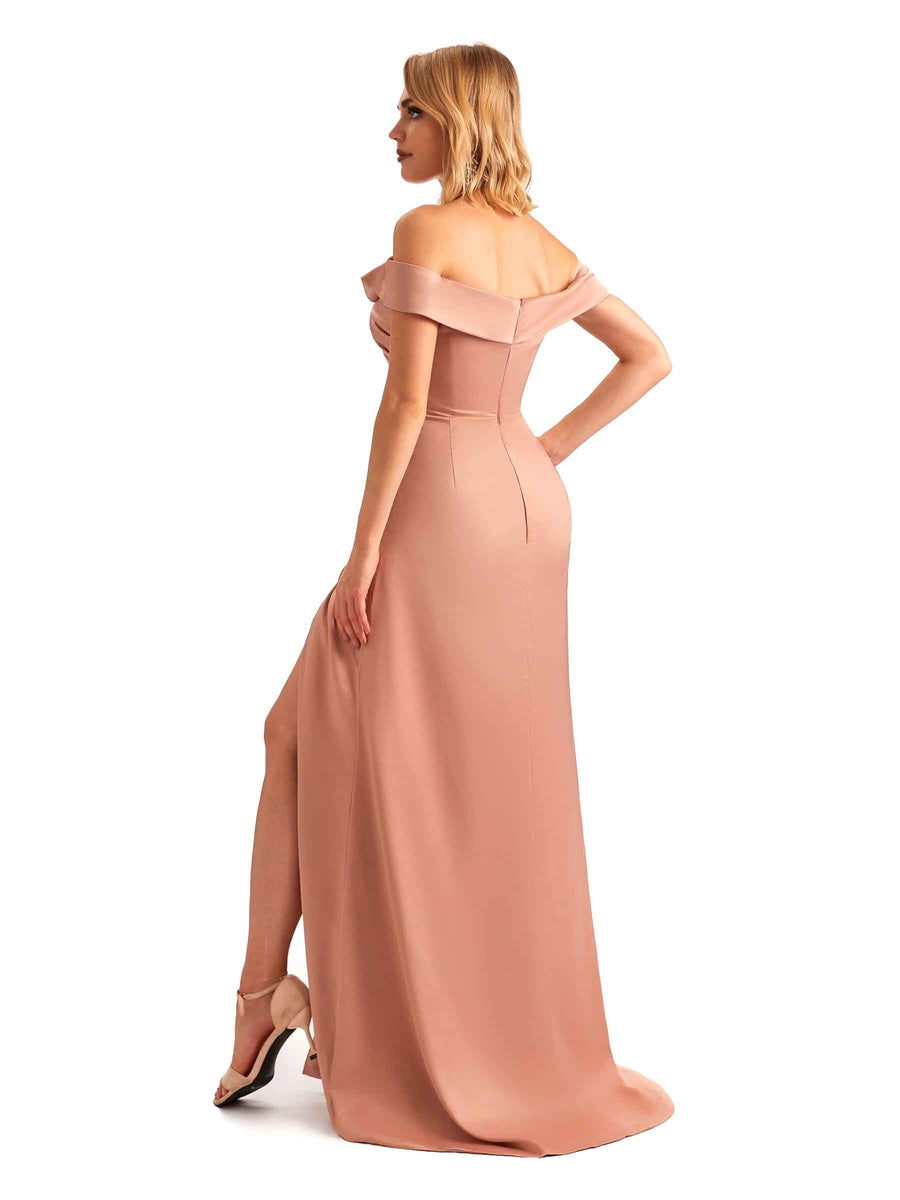 Off Shoulder Side Slit Mermaid Silky Satin Unique Long Formal Wedding Guest Dresses Online