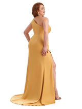 Sexy Unique One Shoulder Side Slit Mermaid Soft Satin Long Plus Size Maid of Honour Dresses