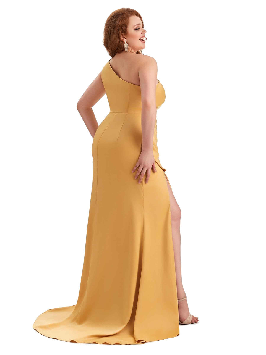 Sexy Unique One Shoulder Side Slit Mermaid Soft Satin Long Plus Size Maid of Honour Dresses