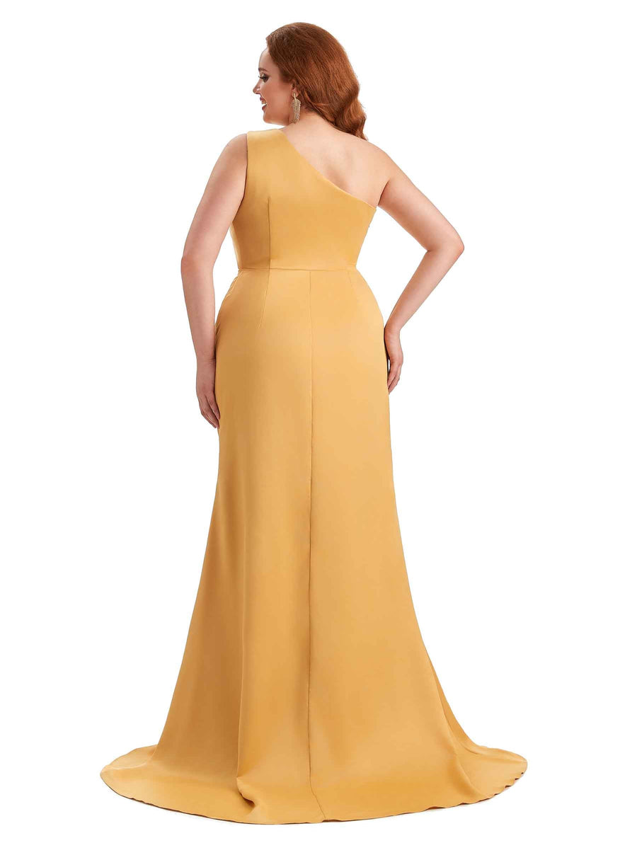Sexy Unique One Shoulder Side Slit Mermaid Soft Satin Long Plus Size Maid of Honour Dresses