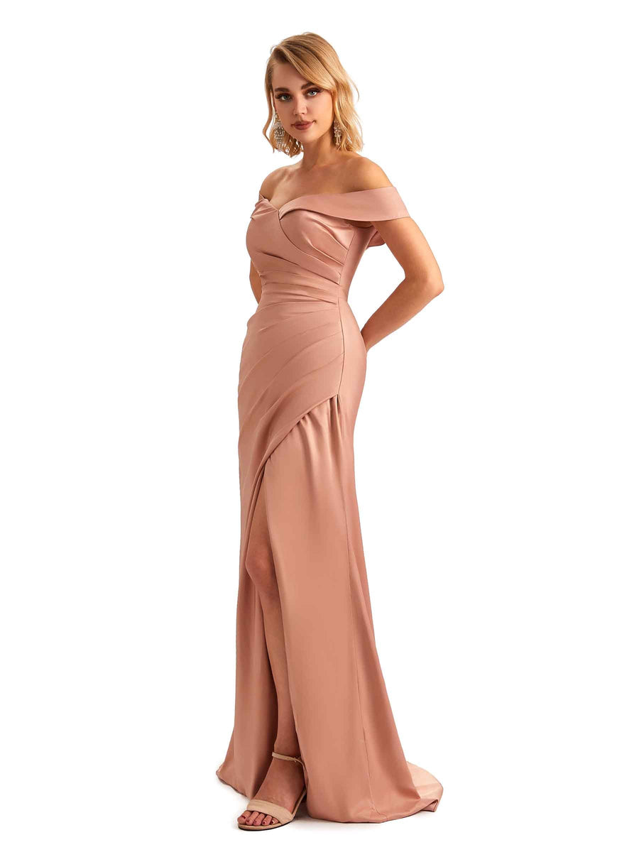 Off Shoulder Side Slit Mermaid Silky Satin Unique Long Formal Wedding Guest Dresses Online