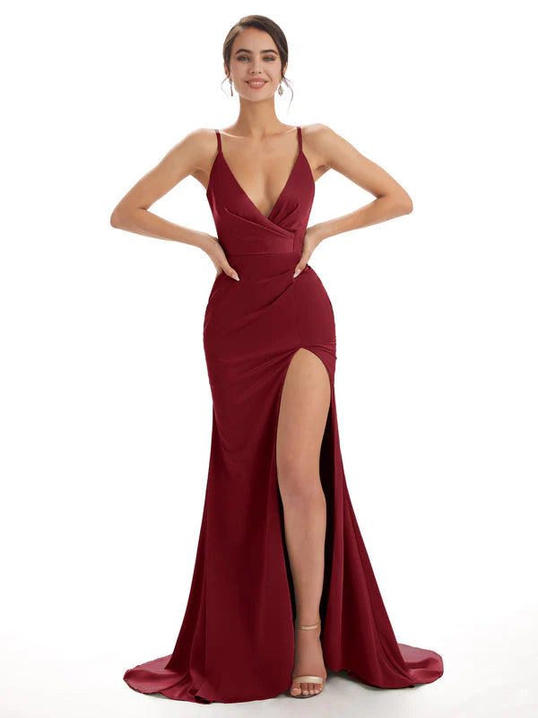 Chicsew Burgundy Sexy Chic Silky Mismatched Side Split Mermaid Satin Red Bridesmaid Dresses Sale/Mix and Match Red Bridesmaid Dresses, Burgundy/B Chicsew Burgundy Sexy Chic Silky Mismatched Side Split Mermaid Satin Red Bridesmaid Dresses Sale/Mix and Match Red Bridesmaid Dresses, Burgundy/B