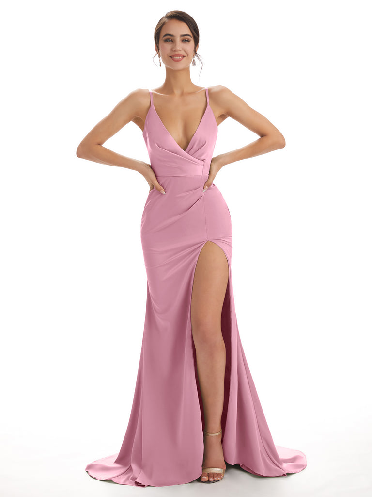 Sexy Soft Satin Side Slit Spaghetti Straps V-neck Floor-Length Mermaid  Bridesmaid Dresses - ChicSew