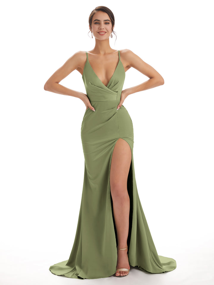 Mismatched Dusty Sage Sexy Side Slit Mermaid Soft Satin Long Bridesmaid Dresses Online