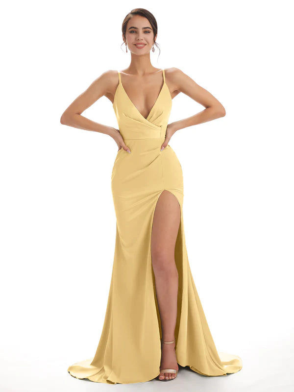 Mismatched Gold Sexy Side Slit Mermaid Soft Satin Long Bridesmaid Dresses Online