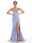 Sexy Soft Satin Side Slit Spaghetti Straps V-neck Long Mermaid Bridesmaid Dresses