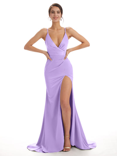 Sexy Soft Satin Side Slit Spaghetti Straps V-neck Long Mermaid Bridesmaid Dresses