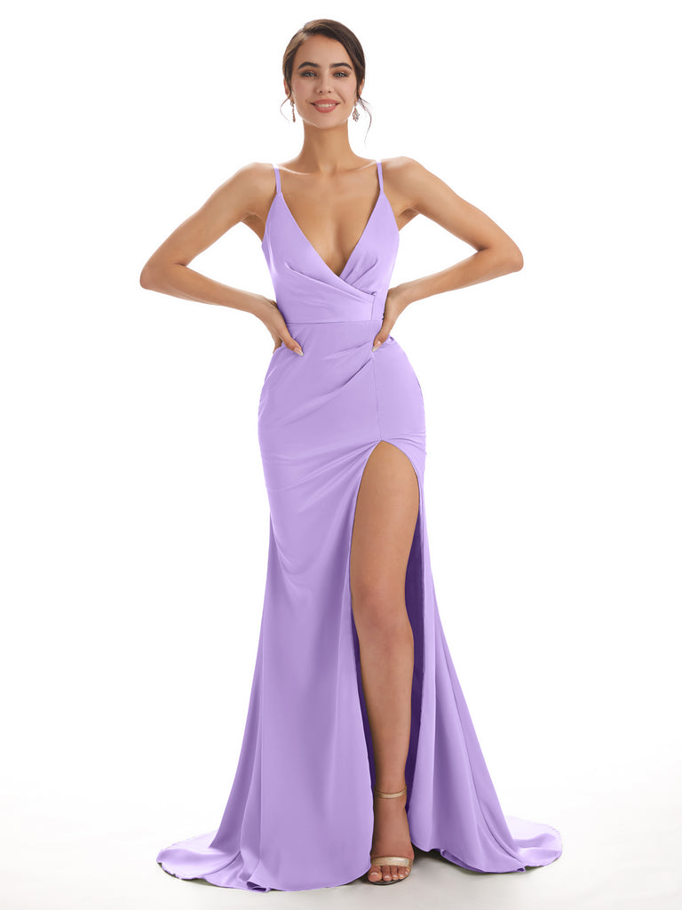 Chicsew Mix and Match Lilac Satin Long Bridesmaid Dresses Sexy Side Split Mermaid / Mismatched Bridesmaid dresses, Lilac / D Chicsew Mix and Match Lilac Satin Long Bridesmaid Dresses Sexy Side Split Mermaid / Mismatched Bridesmaid dresses, Lilac / D