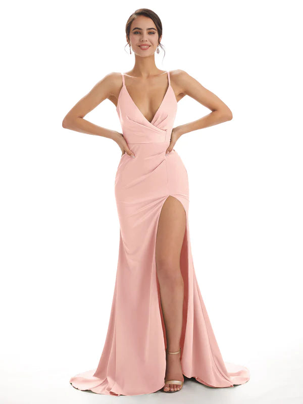 Mismatched Pearl-Pink Sexy Side Slit Mermaid Soft Satin Long Bridesmaid Dresses Online