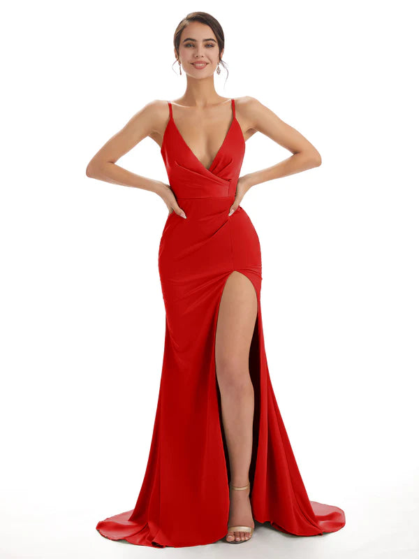 Mismatched Red Sexy Side Slit Mermaid Soft Satin Long Bridesmaid Dresses Online