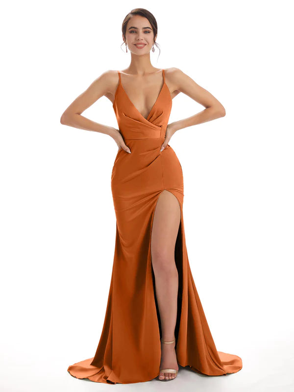 Mismatched Burnt-Orange Sexy Side Slit Mermaid Soft Satin Long Bridesmaid Dresses Online