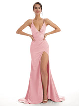 Mix and Match Blush Sexy Side Slit Mermaid Soft Satin Long Bridesmaid Dresses Online